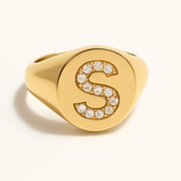 "S" 9ct yellow gold diamond set initial S signet ring